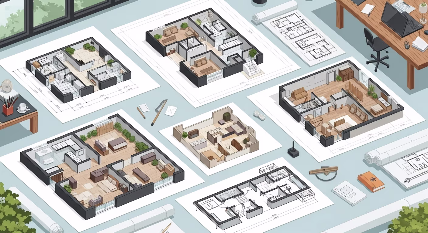 [وصف للصورة: مخططات معمارية متنوعة (2D و 3D) تظهر تقسيمات مختلفة]